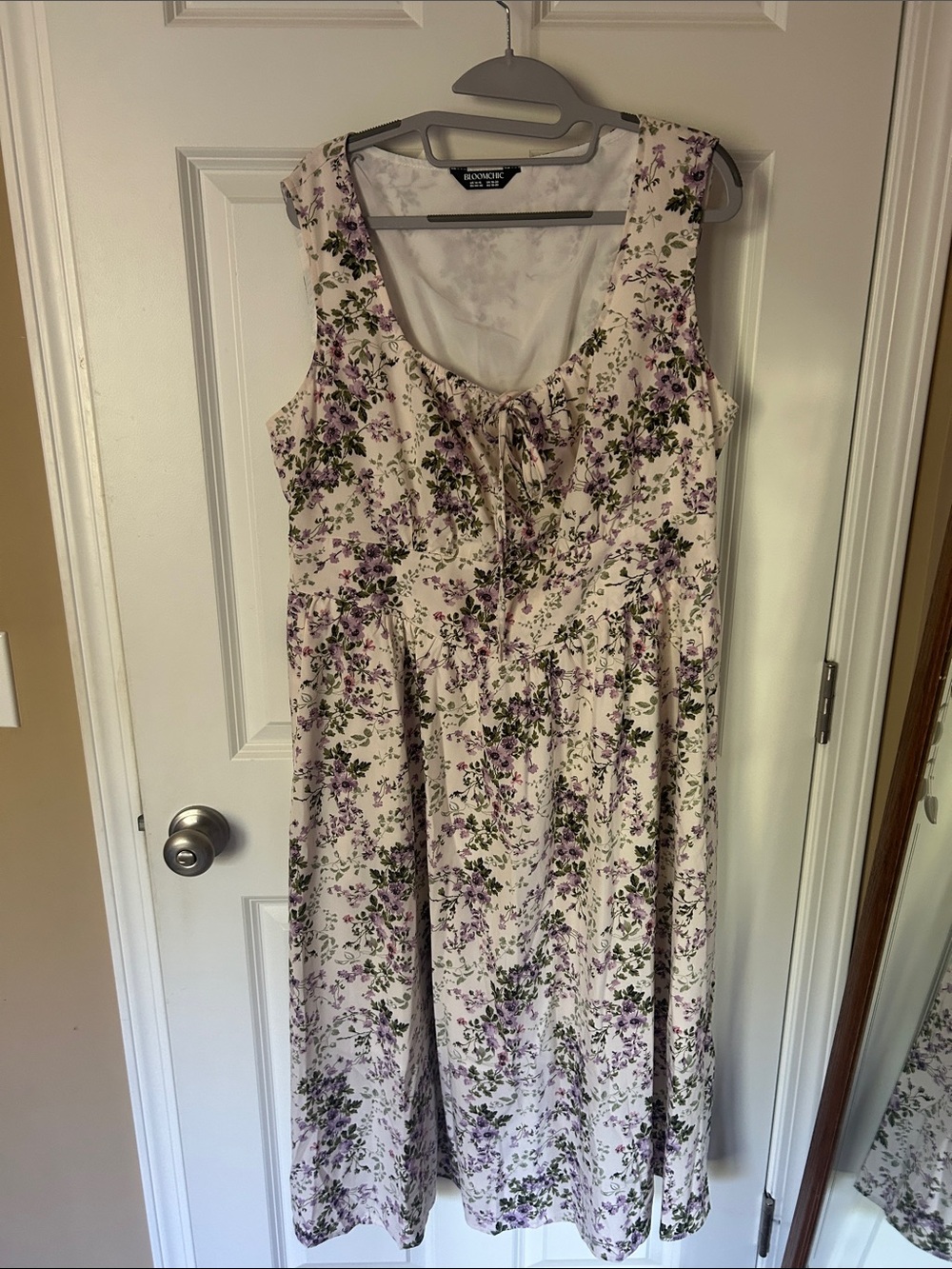 BloomChic Cream Midi Dress with Lavender Floral Print and Tie Detail